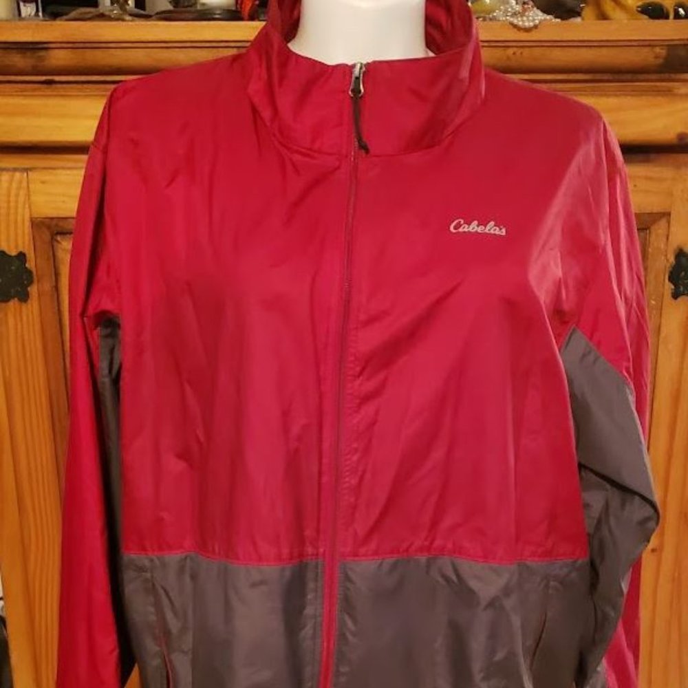 Cabelas Windbreaker Adult 2XL Burgundy Full Zip Jacket Hooded Nylon Outd…